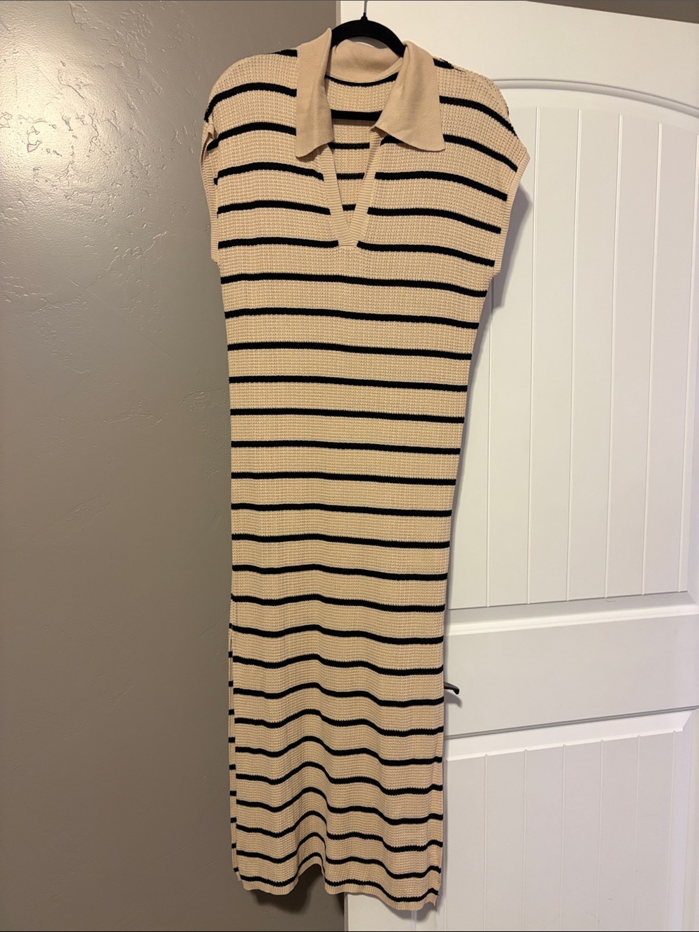 Beige & Black Striped Knit Polo Dress